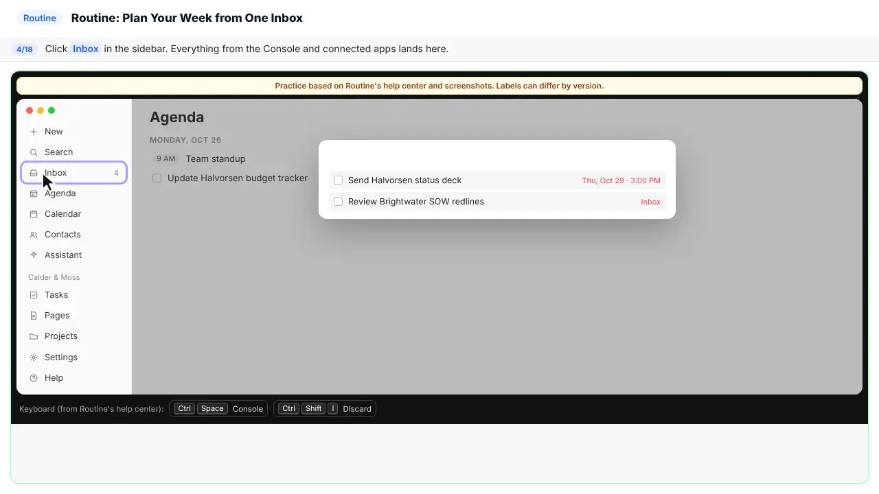 Routine in Stepthrough’s practice copy, step 4 of 18 (Open the Inbox): the cursor is on “Inbox”, highlighted.