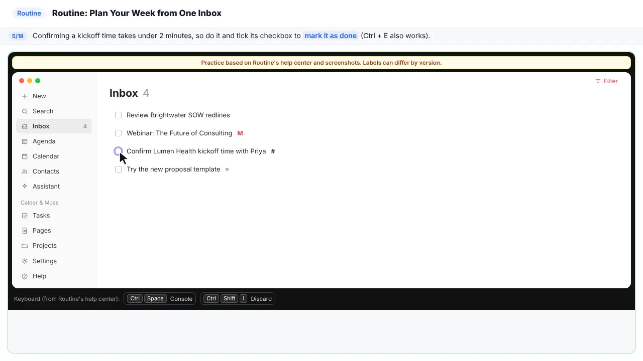 Routine in Stepthrough’s practice copy, step 5 of 18 (Do the 2-minute task now): the cursor is on “mark it as done”, highlighted.