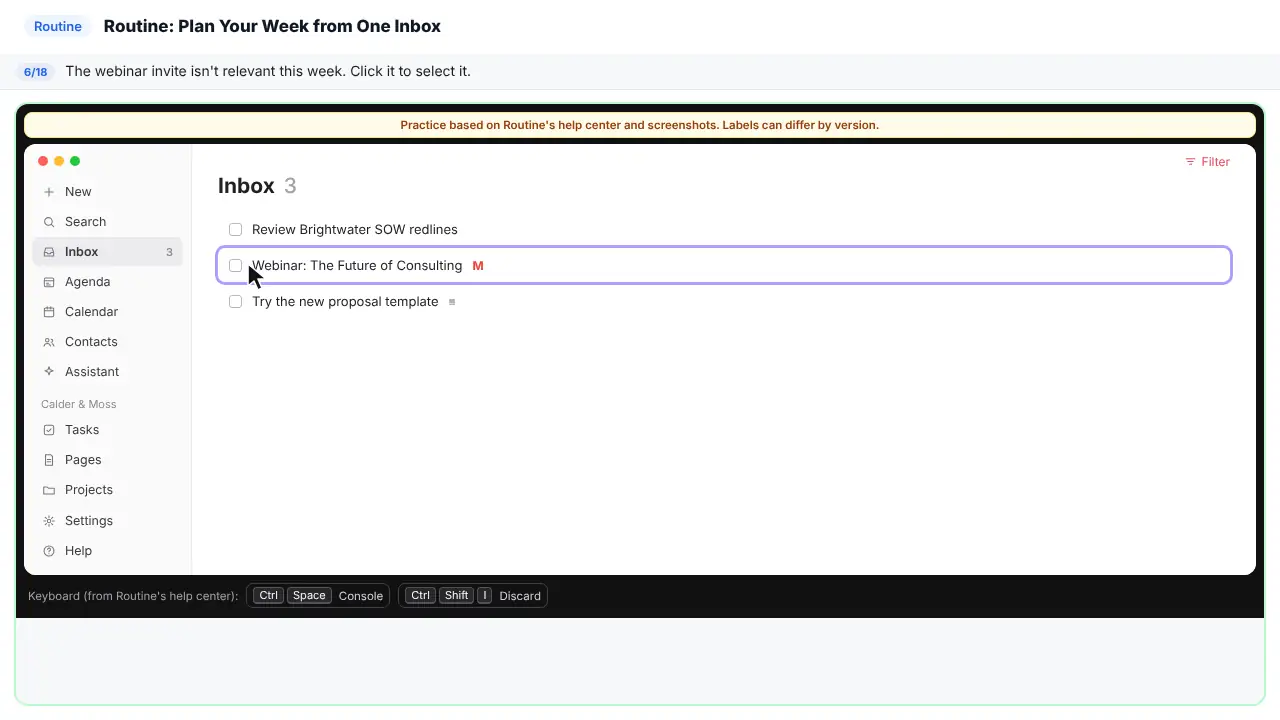 Routine in Stepthrough’s practice copy, step 6 of 18 (Select the webinar invite): the cursor is on “the webinar invite”, highlighted.