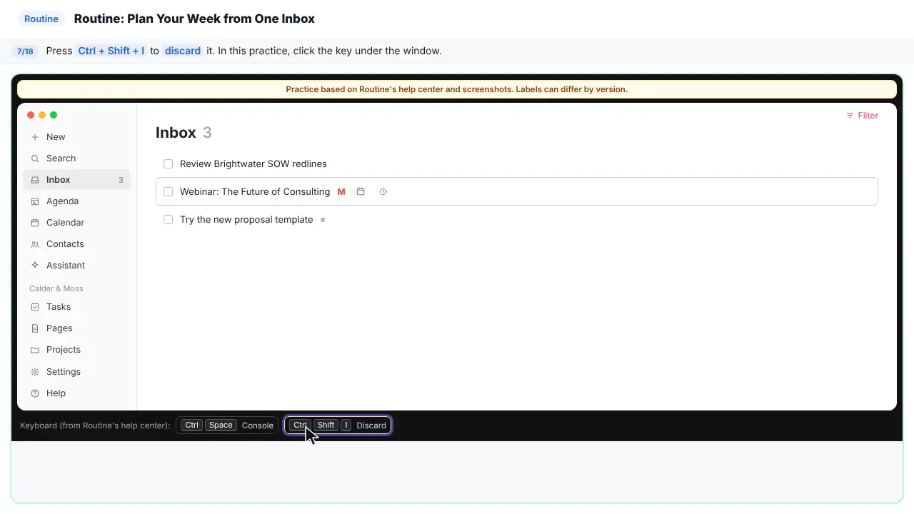 Routine in Stepthrough’s practice copy, step 7 of 18 (Discard it): the cursor is on “Ctrl + Shift + I”, highlighted.