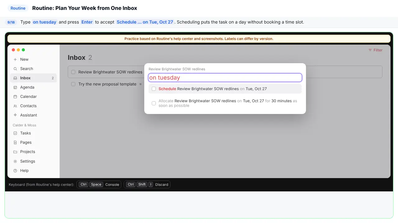 Routine in Stepthrough’s practice copy, step 9 of 18 (Pick the day): “on tuesday” is typed in, highlighted.