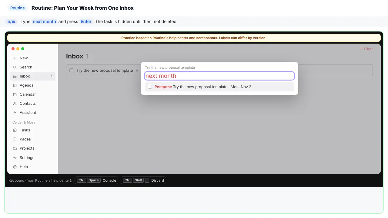 Routine in Stepthrough’s practice copy, step 11 of 18 (Hide it until next month): “next month” is typed in, highlighted.