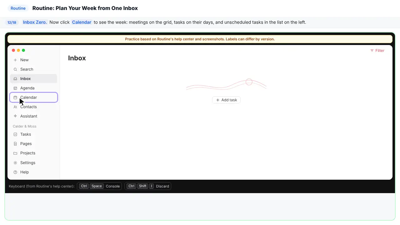 Routine in Stepthrough’s practice copy, step 12 of 18 (Open the Calendar): the cursor is on “Calendar”, highlighted.