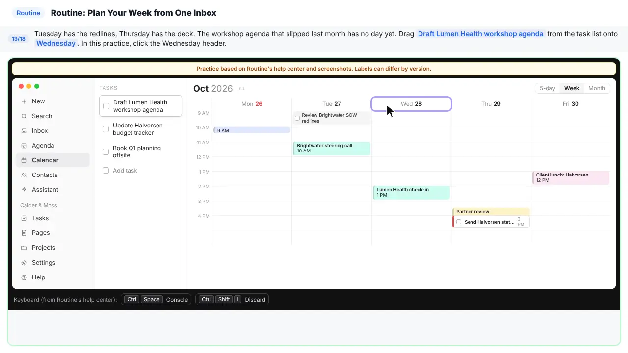 Routine in Stepthrough’s practice copy, step 13 of 18 (Put the workshop agenda on Wednesday): the cursor is on “Draft Lumen Health workshop agenda”, highlighted.