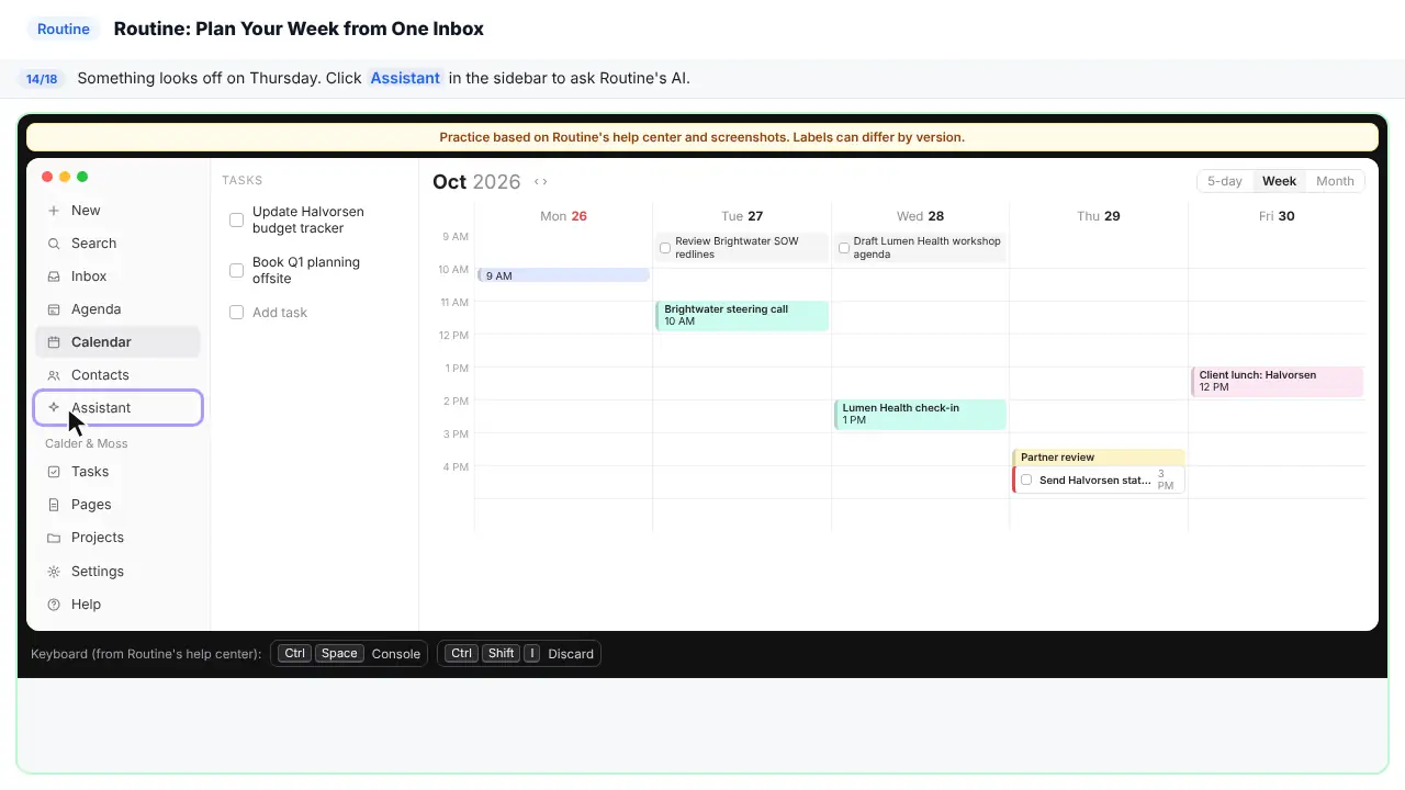 Routine in Stepthrough’s practice copy, step 14 of 18 (Open the Assistant): the cursor is on “Assistant”, highlighted.