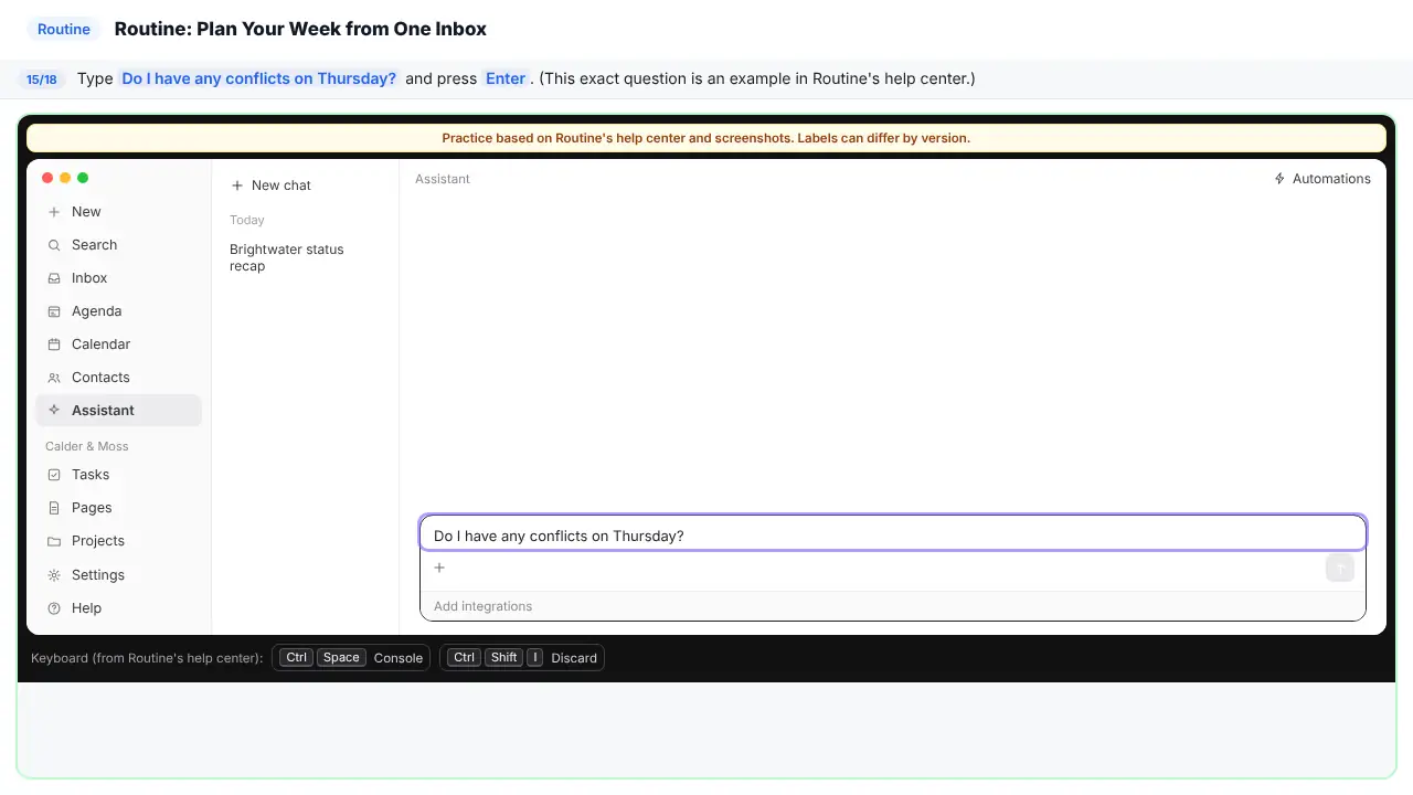Routine in Stepthrough’s practice copy, step 15 of 18 (Ask about conflicts): “Do I have any conflicts on Thursday?” is typed in, highlighted.