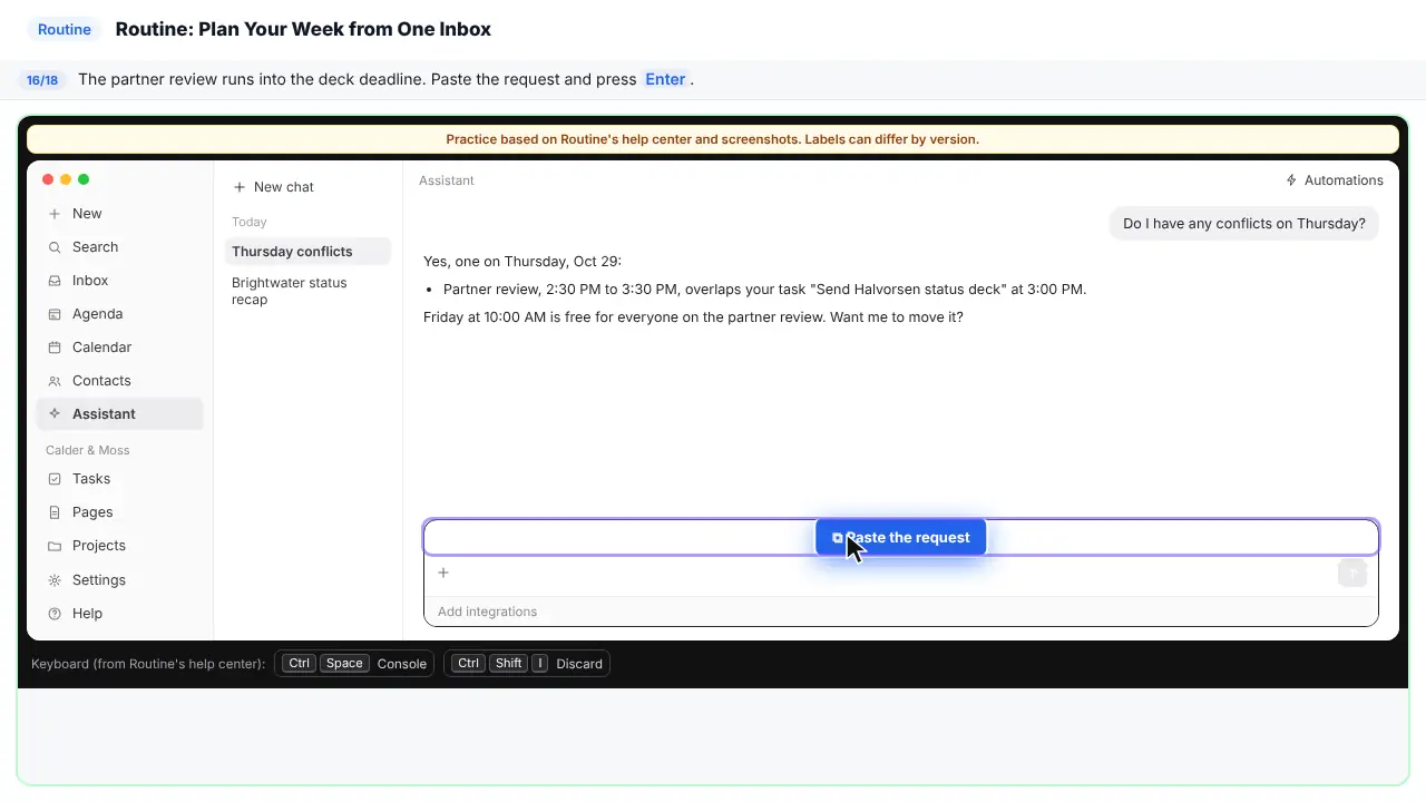 Routine in Stepthrough’s practice copy, step 16 of 18 (Ask it to move the meeting): the request is ready to paste, highlighted.