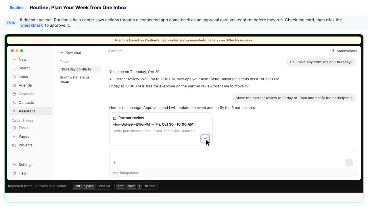 Routine in Stepthrough’s practice copy, step 17 of 18 (Approve the change): the cursor is on “checkmark”, highlighted.