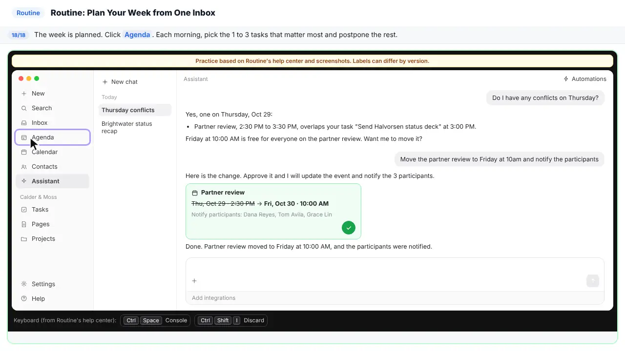 Routine in Stepthrough’s practice copy, step 18 of 18 (Open the Agenda): the cursor is on “Agenda”, highlighted.