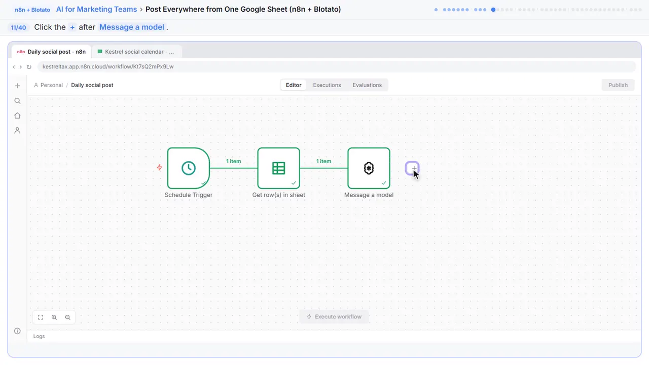 The n8n workflow canvas in Stepthrough’s practice copy, step 11 of 40 (Add the next step): the cursor is on “+”, highlighted.