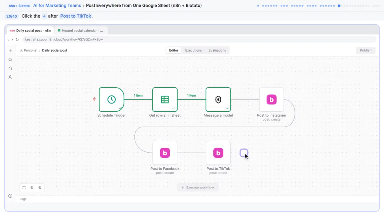 The n8n workflow canvas in Stepthrough’s practice copy, step 26 of 40 (Add the last step): the cursor is on “+”, highlighted.