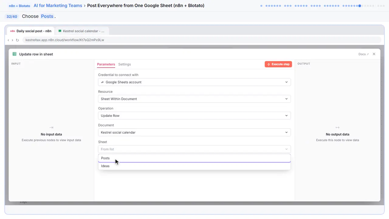A dropdown menu in n8n in Stepthrough’s practice copy, step 32 of 40 (Posts): the cursor is on “Posts”, highlighted.