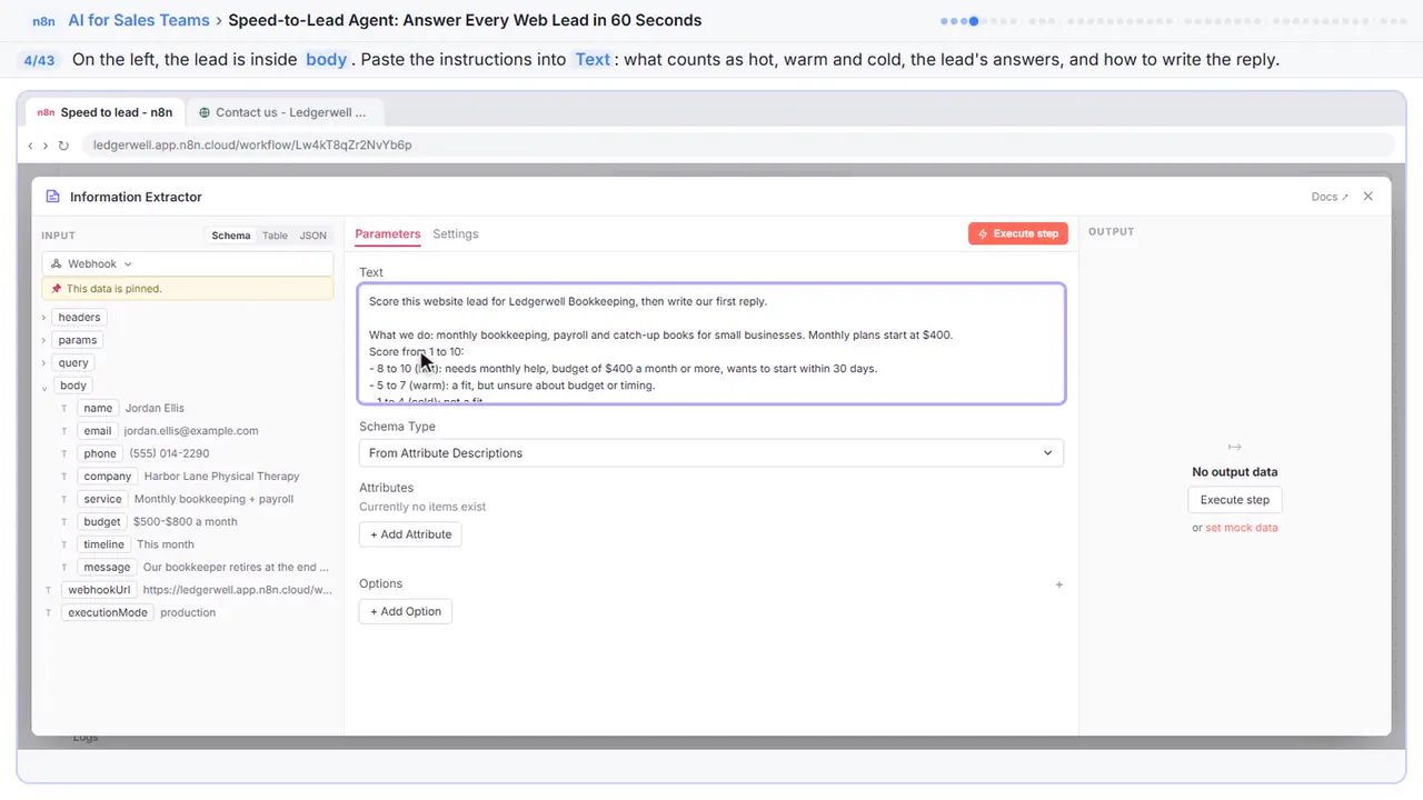 An n8n node’s settings window in Stepthrough’s practice copy, step 4 of 43 (Tell it how to score): the instructions is filled in (“Score this website lead for Ledgerwell…”).
