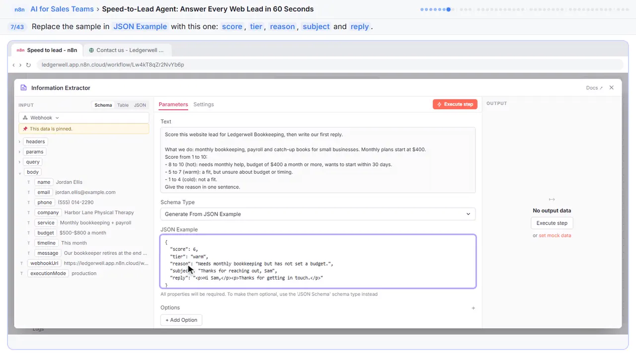 An n8n node’s settings window in Stepthrough’s practice copy, step 7 of 43 (Show it the fields): the json example is filled in (“{ "score": 6, "tier": "warm", "reason": "Needs…”).