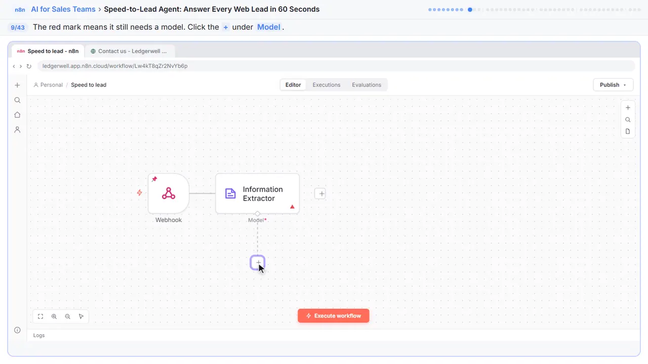 The n8n workflow canvas in Stepthrough’s practice copy, step 9 of 43 (Add a chat model): the cursor is on “+”, highlighted.