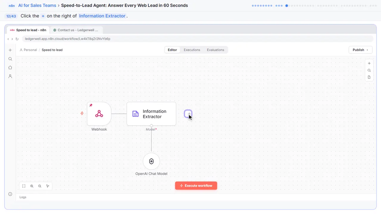 The n8n workflow canvas in Stepthrough’s practice copy, step 12 of 43 (Add the reply): the cursor is on “+”, highlighted.