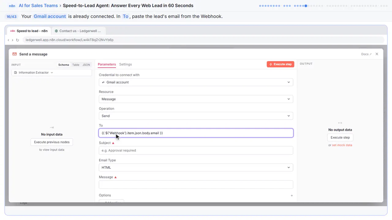 An n8n node’s settings window in Stepthrough’s practice copy, step 16 of 43 (Send it to the lead): the expression is filled in (“{{ $('Webhook').item.json.body.email }}”).