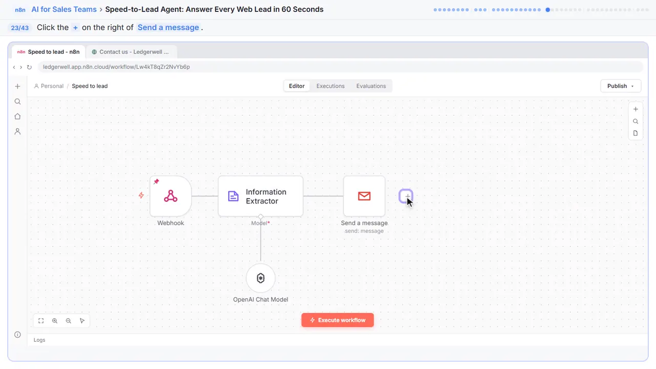 The n8n workflow canvas in Stepthrough’s practice copy, step 23 of 43 (Add a check): the cursor is on “+”, highlighted.