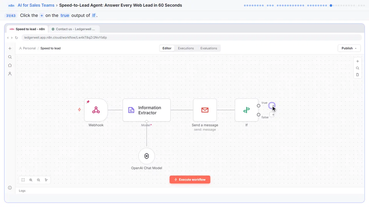 The n8n workflow canvas in Stepthrough’s practice copy, step 31 of 43 (Add to the true branch): the cursor is on “+”, highlighted.