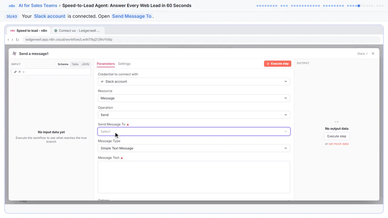 An n8n node’s settings window in Stepthrough’s practice copy, step 35 of 43 (Send Message To): the cursor is on “Slack account”, highlighted.