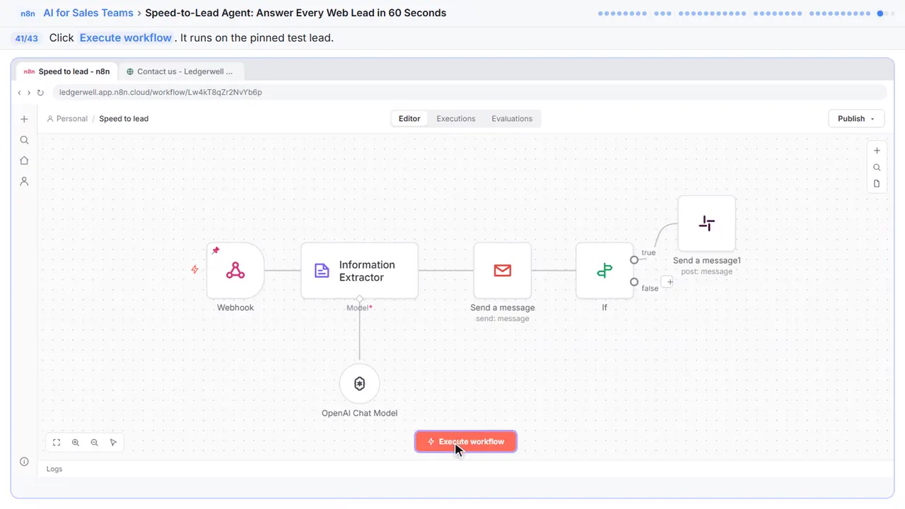 The n8n workflow editor in Stepthrough’s practice copy, step 41 of 43 (Test it): the cursor is on “Execute workflow”, highlighted.