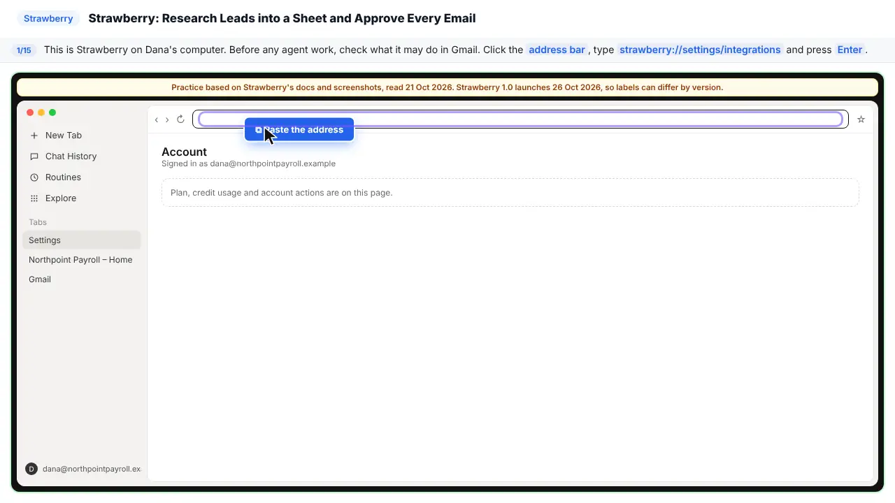 Strawberry in Stepthrough’s practice copy, step 1 of 15 (Open connected apps): the address is ready to paste, highlighted.
