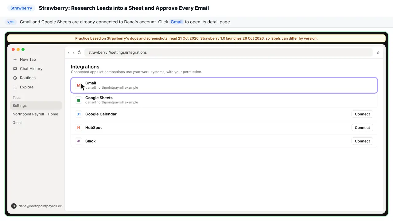 Strawberry in Stepthrough’s practice copy, step 2 of 15 (Open Gmail): the cursor is on “Gmail”, highlighted.