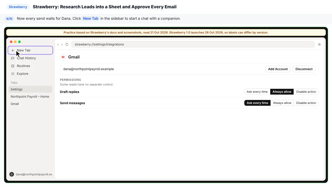 Strawberry in Stepthrough’s practice copy, step 4 of 15 (Start a new chat): the cursor is on “New Tab”, highlighted.