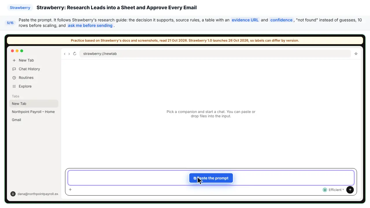 Strawberry in Stepthrough’s practice copy, step 5 of 15 (Ask for the research): the prompt is ready to paste, highlighted.