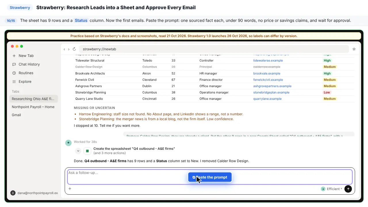 Strawberry in Stepthrough’s practice copy, step 10 of 15 (Ask for three first emails): the prompt is ready to paste, highlighted.