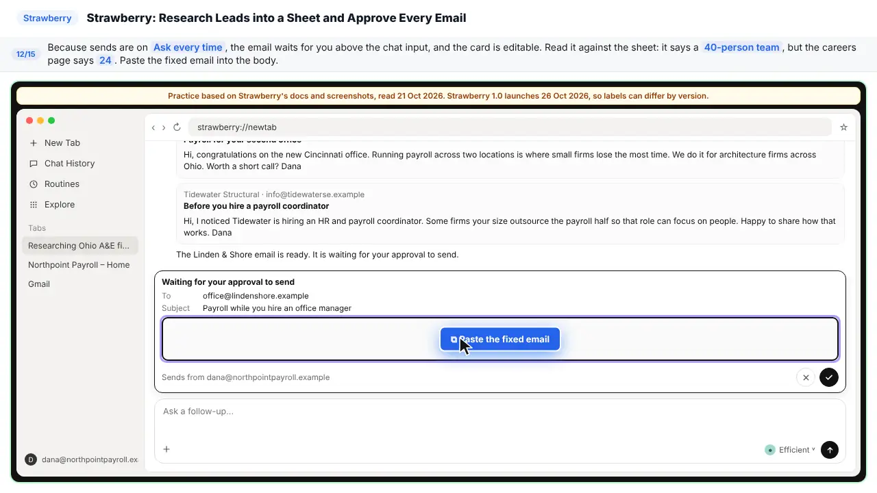 Strawberry in Stepthrough’s practice copy, step 12 of 15 (Fix the email before it goes): the fixed email is ready to paste, highlighted.