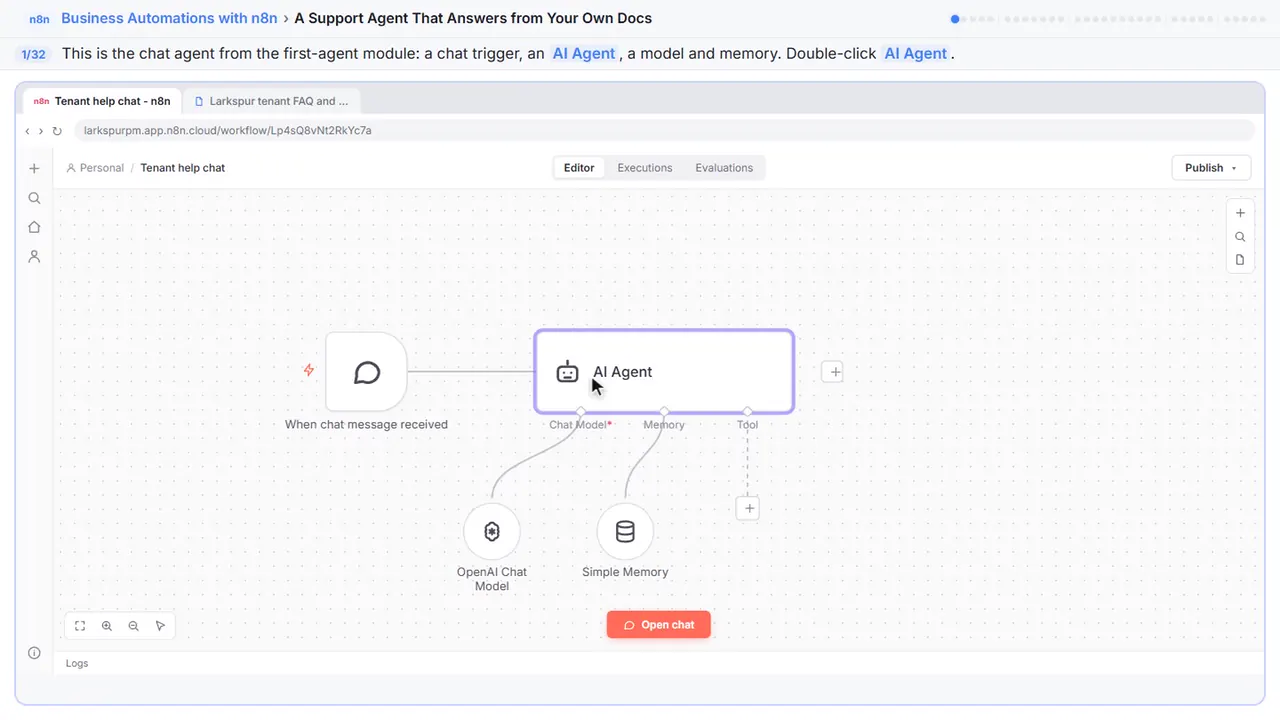 The n8n workflow canvas in Stepthrough’s practice copy, step 1 of 32 (Open the agent): the cursor is on “AI Agent”, highlighted.