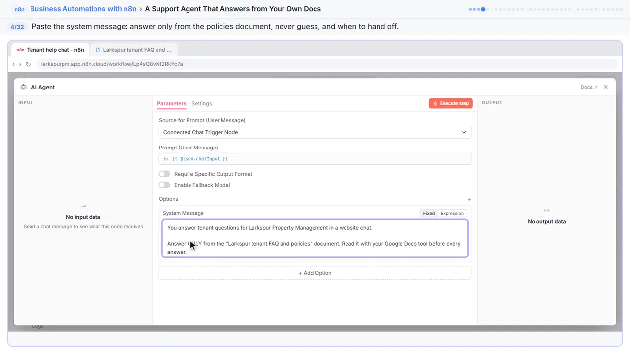 An n8n node’s settings window in Stepthrough’s practice copy, step 4 of 32 (Write the rules): the system message is filled in (“You answer tenant questions for Larkspur…”).