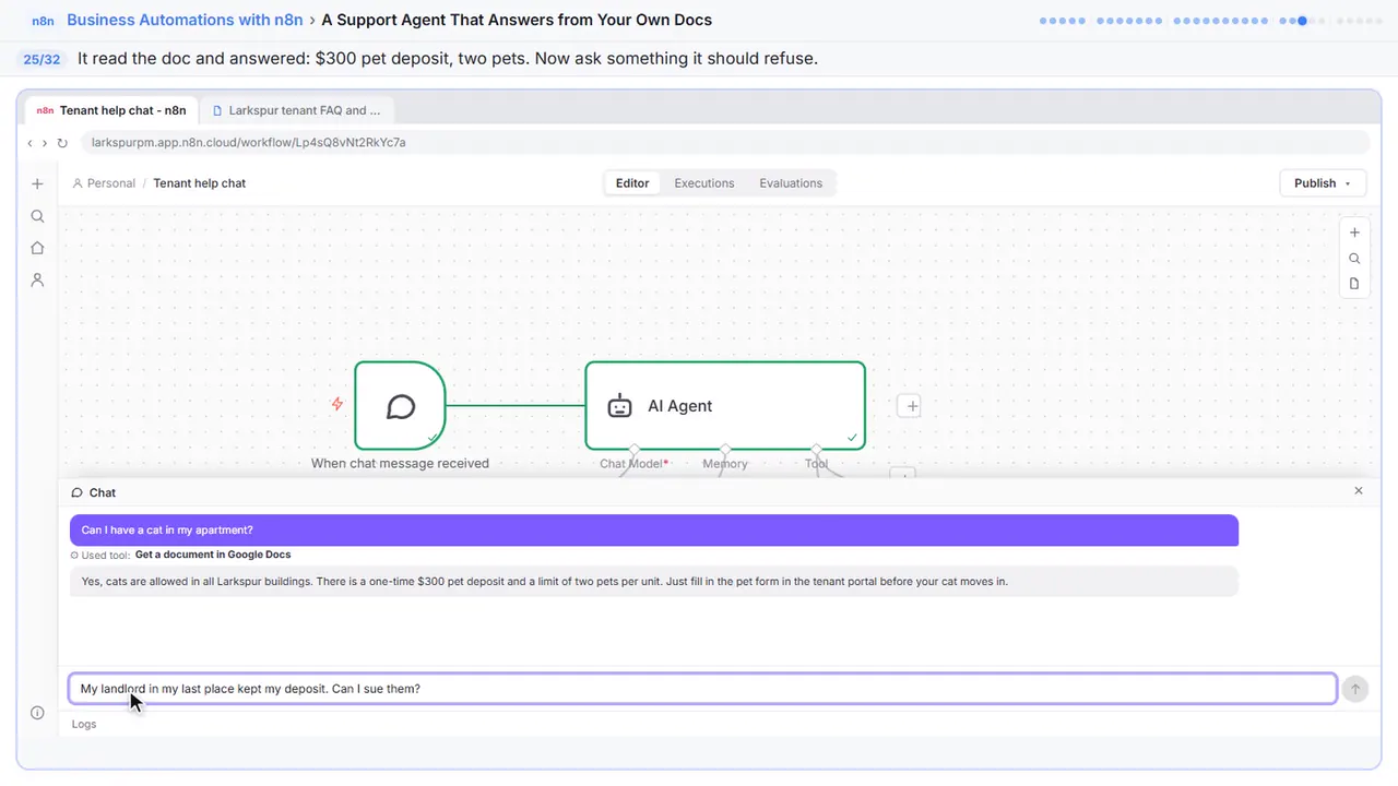 The n8n chat test panel in Stepthrough’s practice copy, step 25 of 32 (Ask something it must refuse): the question is filled in (“My landlord in my last place kept my deposit.…”).