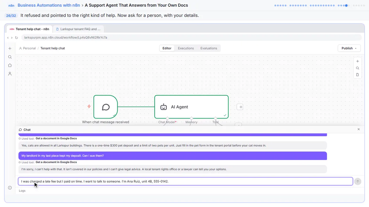 The n8n chat test panel in Stepthrough’s practice copy, step 26 of 32 (Ask for a person): the question is filled in (“I was charged a late fee but I paid on time. I…”).