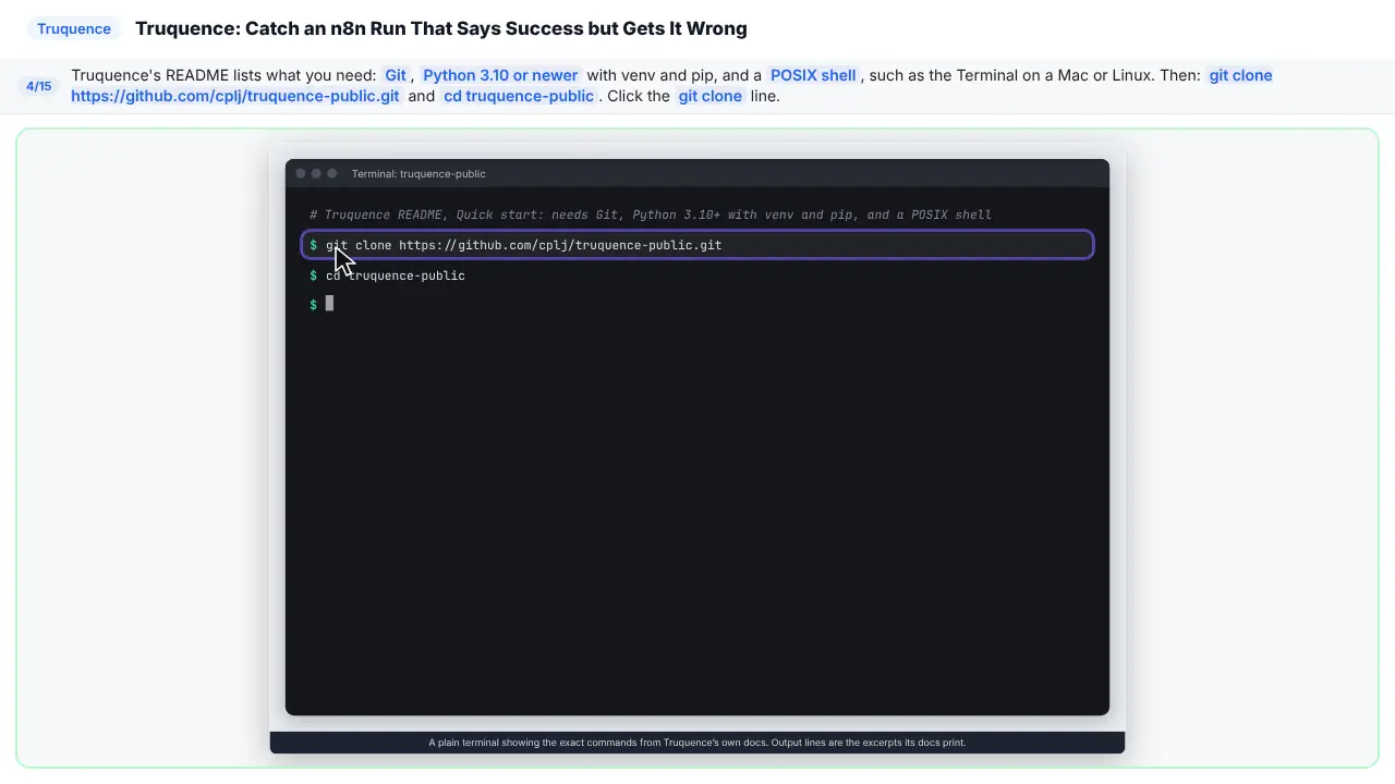 Truquence in Stepthrough’s practice copy, step 4 of 15 (Get the code): the cursor is on “git clone”, highlighted.