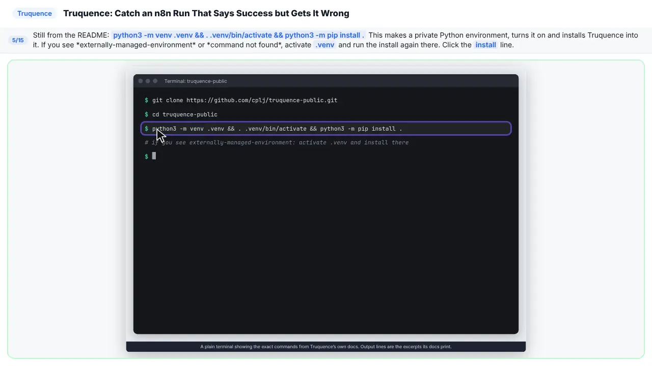 Truquence in Stepthrough’s practice copy, step 5 of 15 (Install it in its own environment): the cursor is on “install”, highlighted.