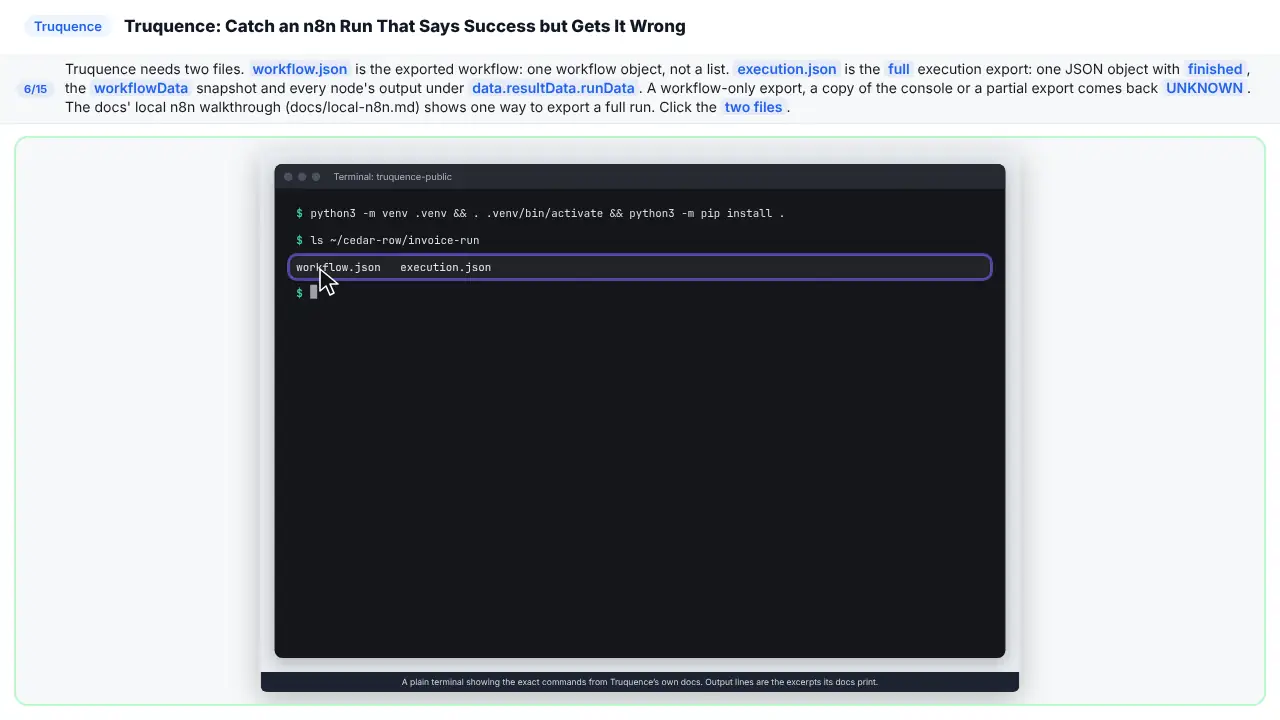 Truquence in Stepthrough’s practice copy, step 6 of 15 (Two files from n8n): the cursor is on “two files”, highlighted.