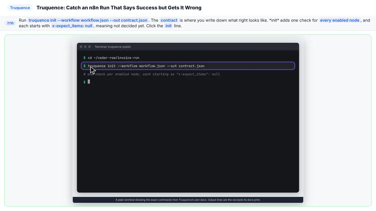 Truquence in Stepthrough’s practice copy, step 7 of 15 (Make the contract): the cursor is on “init”, highlighted.