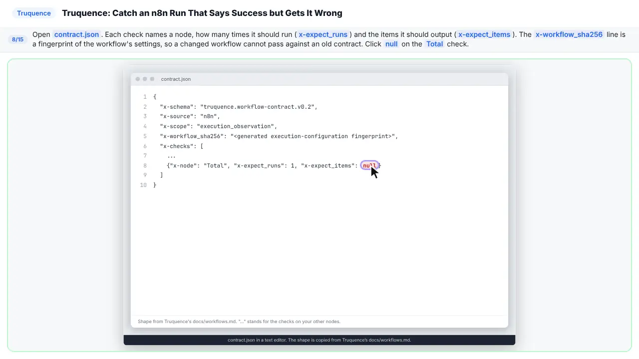 Truquence in Stepthrough’s practice copy, step 8 of 15 (Find the empty expectation): the cursor is on “contract.json”, highlighted.