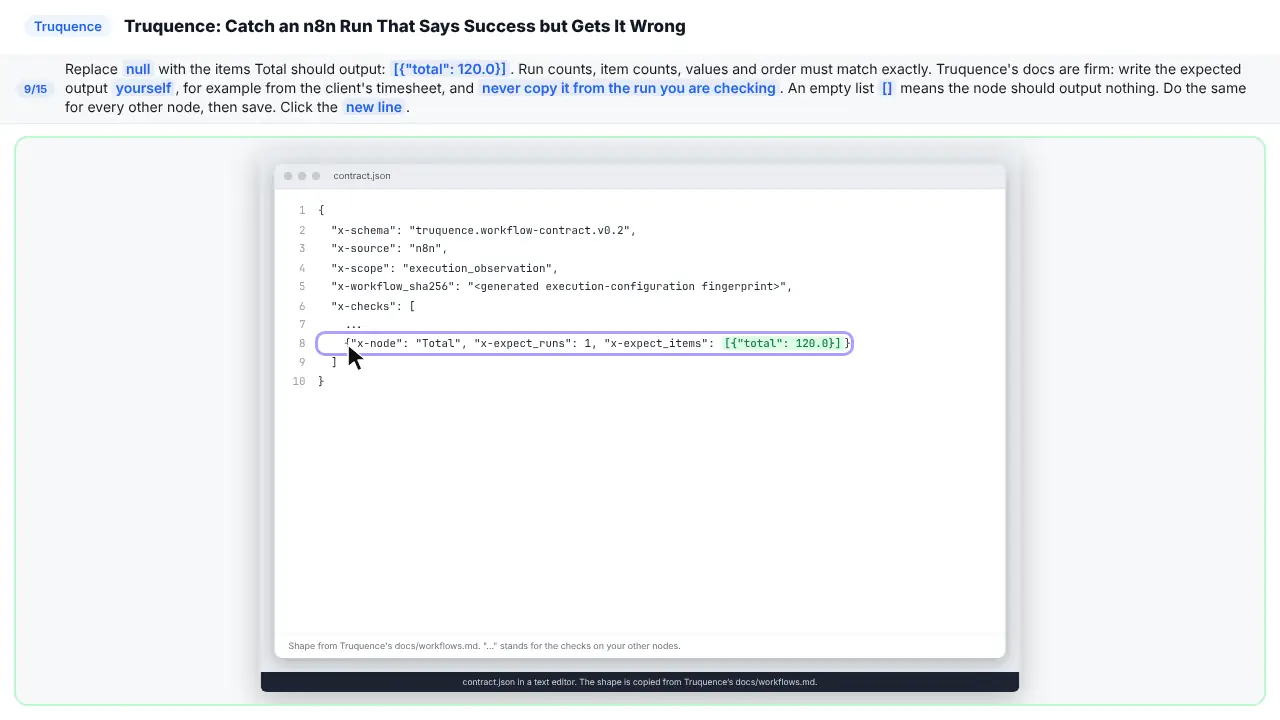 Truquence in Stepthrough’s practice copy, step 9 of 15 (Write what Total should output): the cursor is on “new line”, highlighted.