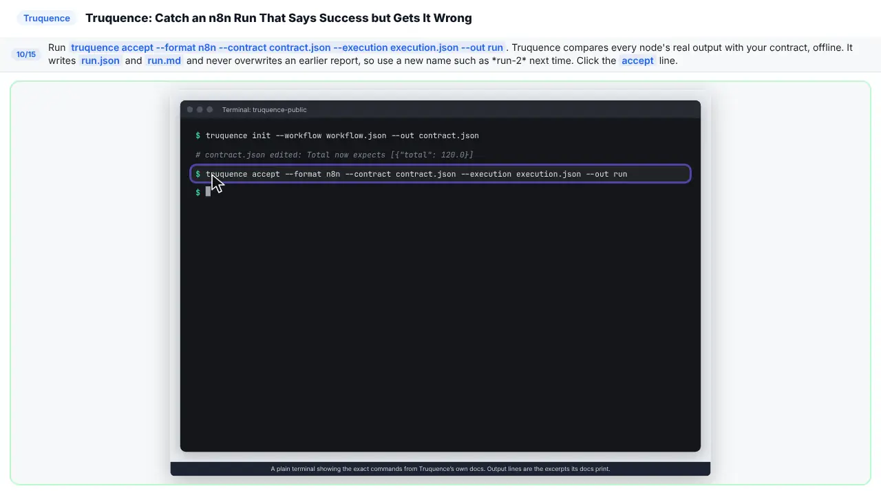 Truquence in Stepthrough’s practice copy, step 10 of 15 (Run the check): the cursor is on “accept”, highlighted.