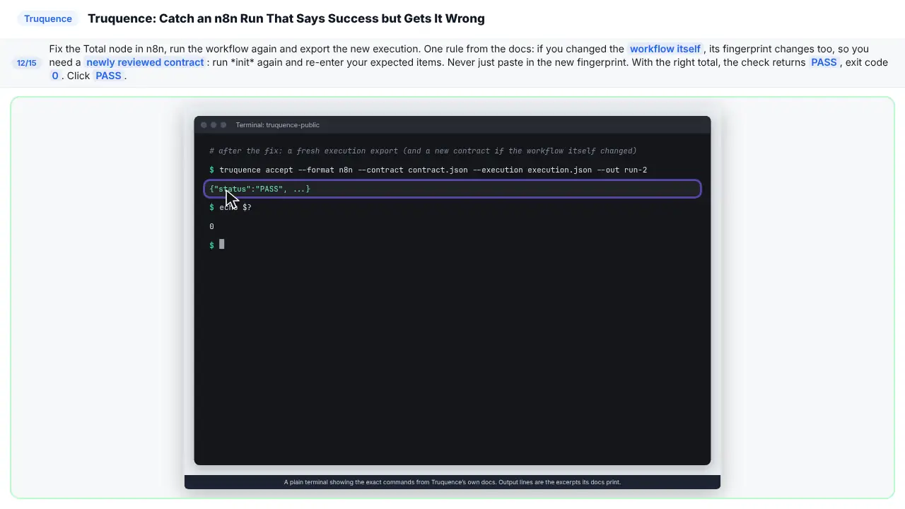 Truquence in Stepthrough’s practice copy, step 12 of 15 (Fix it, then check again): the cursor is on “PASS”, highlighted.