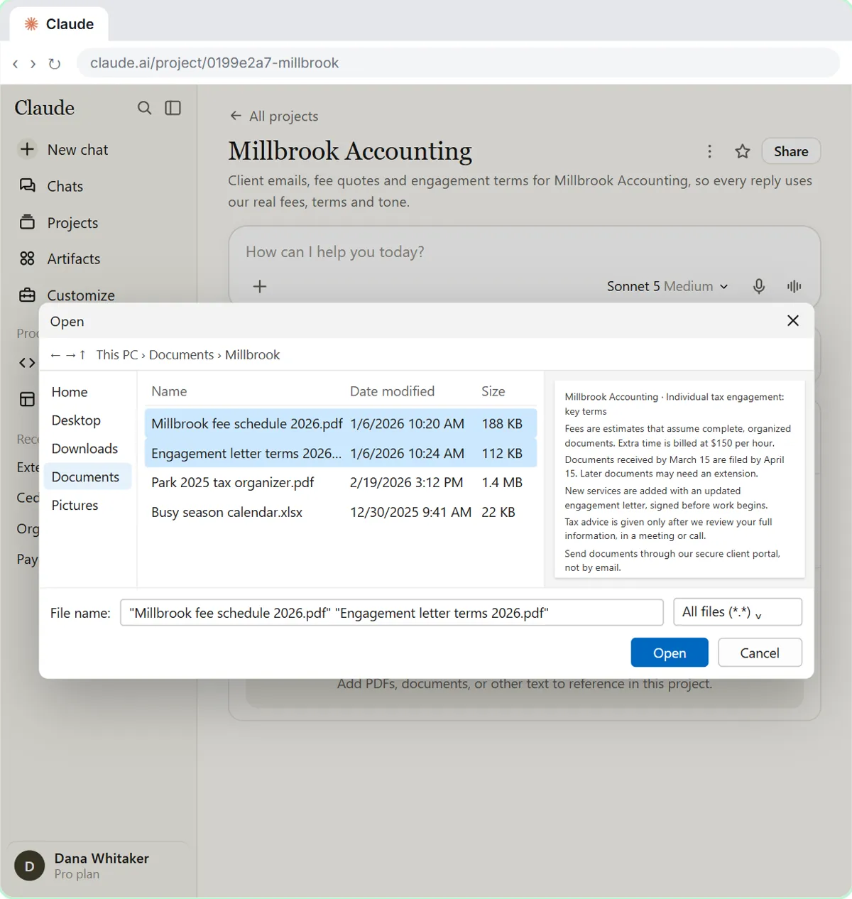 The Windows Open window with the fee schedule and engagement letter terms selected, and a preview of the engagement terms.