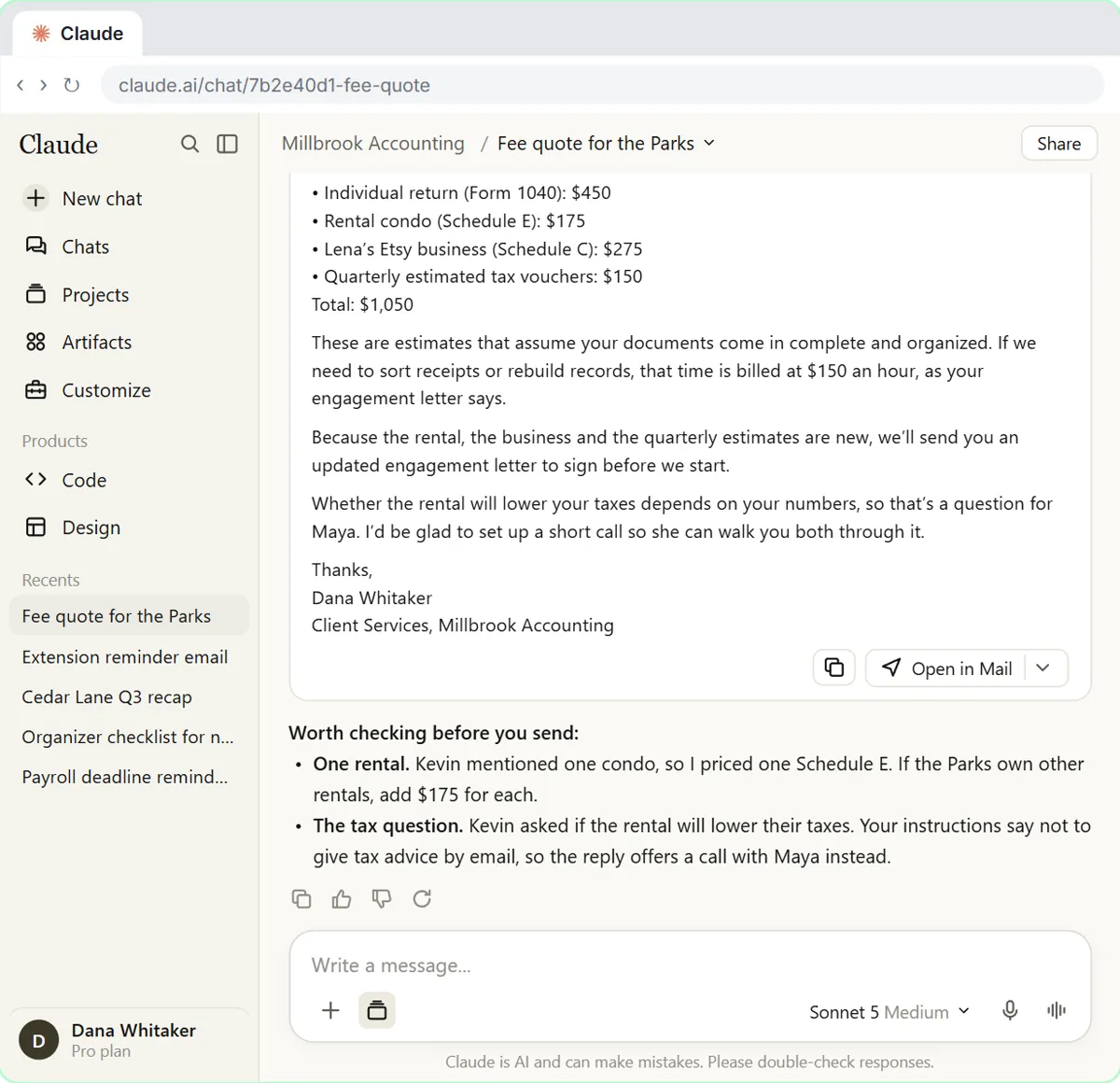 Claude's reply to a client inside the project: a $1,050 fee quote from the fee schedule, the engagement terms, and an offer of a call with the CPA instead of tax advice by email.
