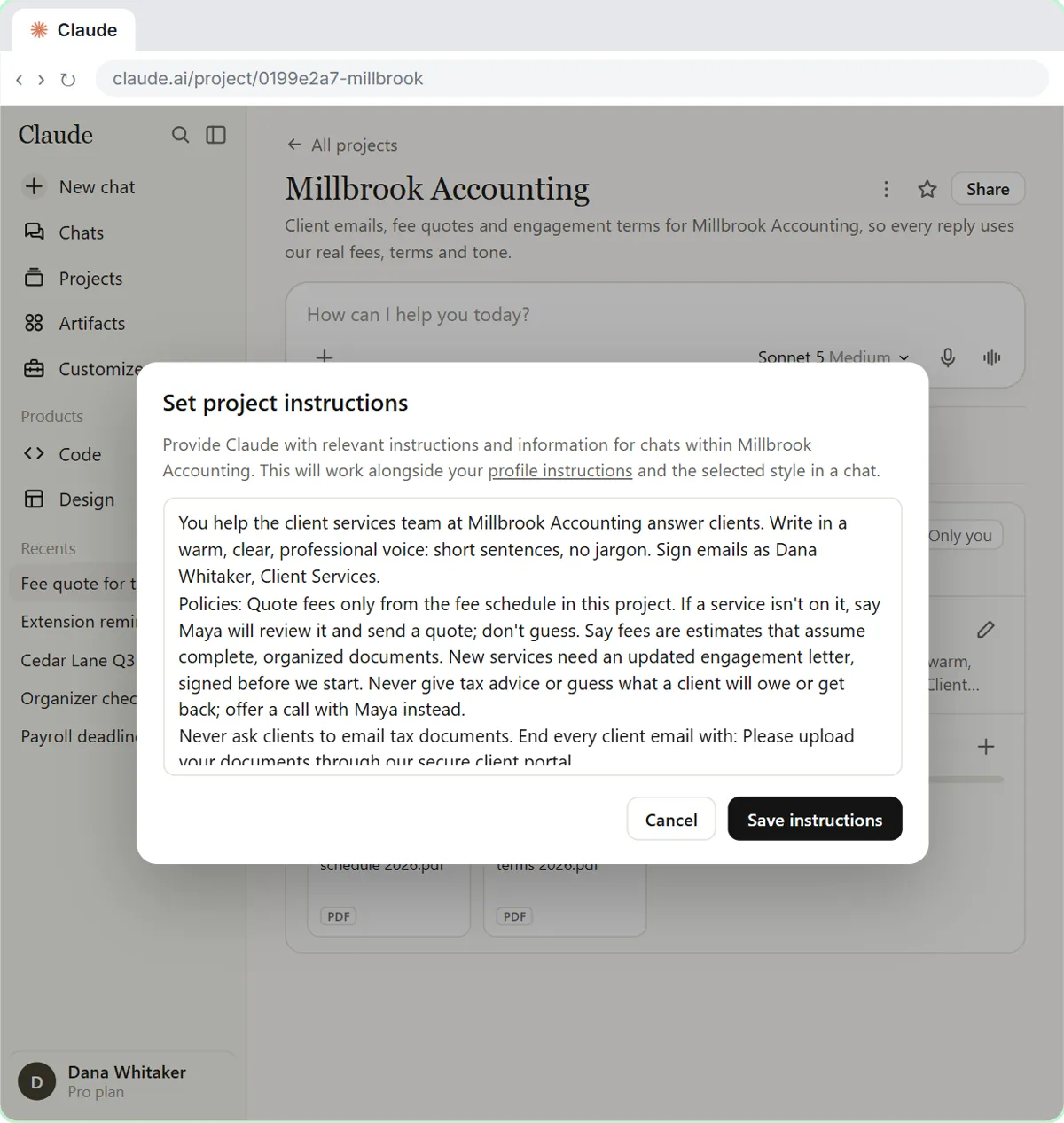 The Set project instructions window with a new rule added at the end: never ask clients to email tax documents, and end every client email by pointing to the secure client portal.
