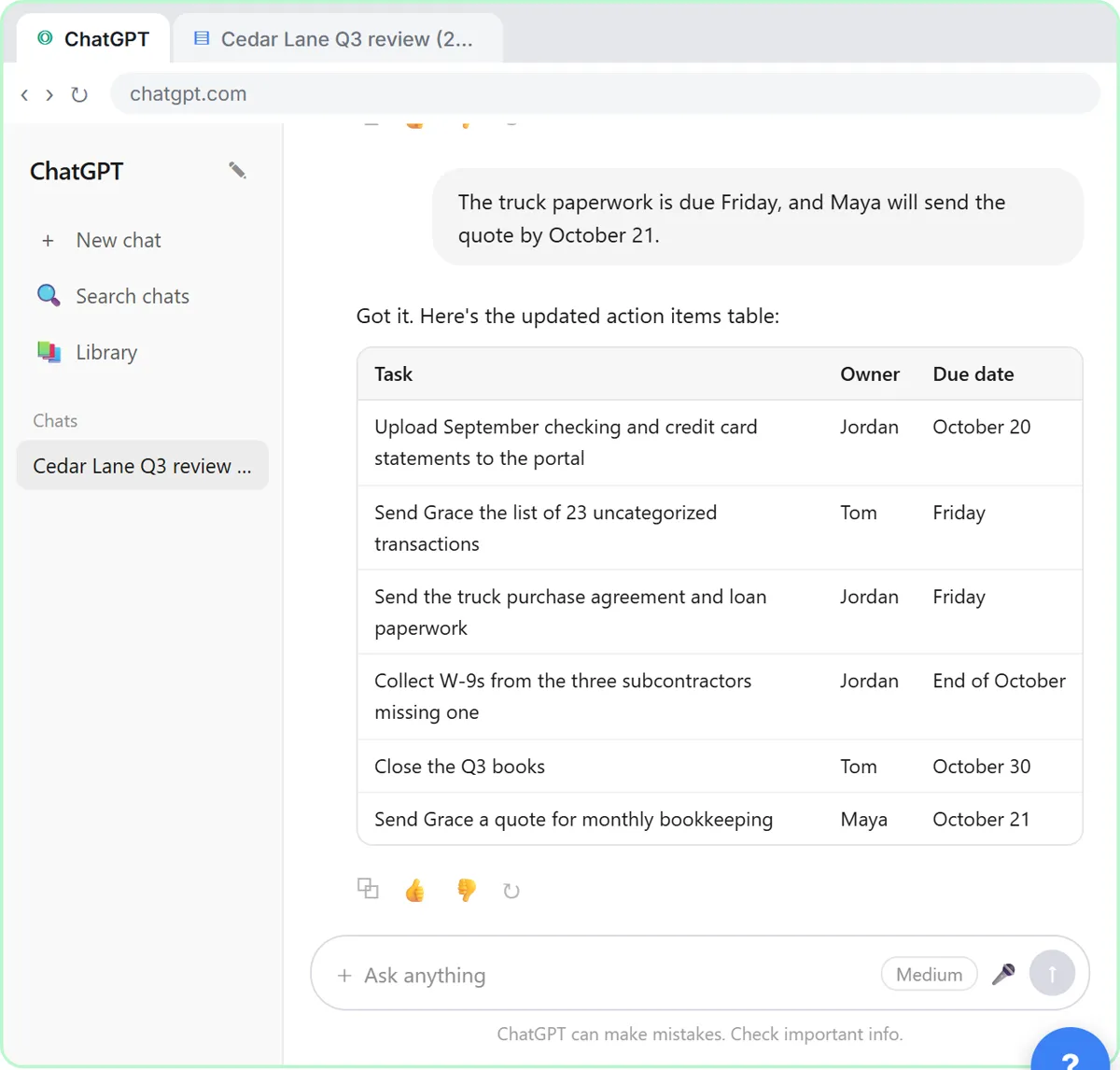 ChatGPT's updated action items table with owners and due dates for all six client meeting tasks