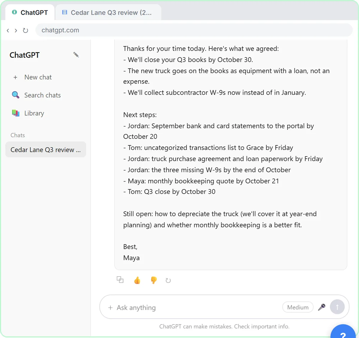 ChatGPT follow-up email to the client listing what was agreed, next steps with dates, and open questions