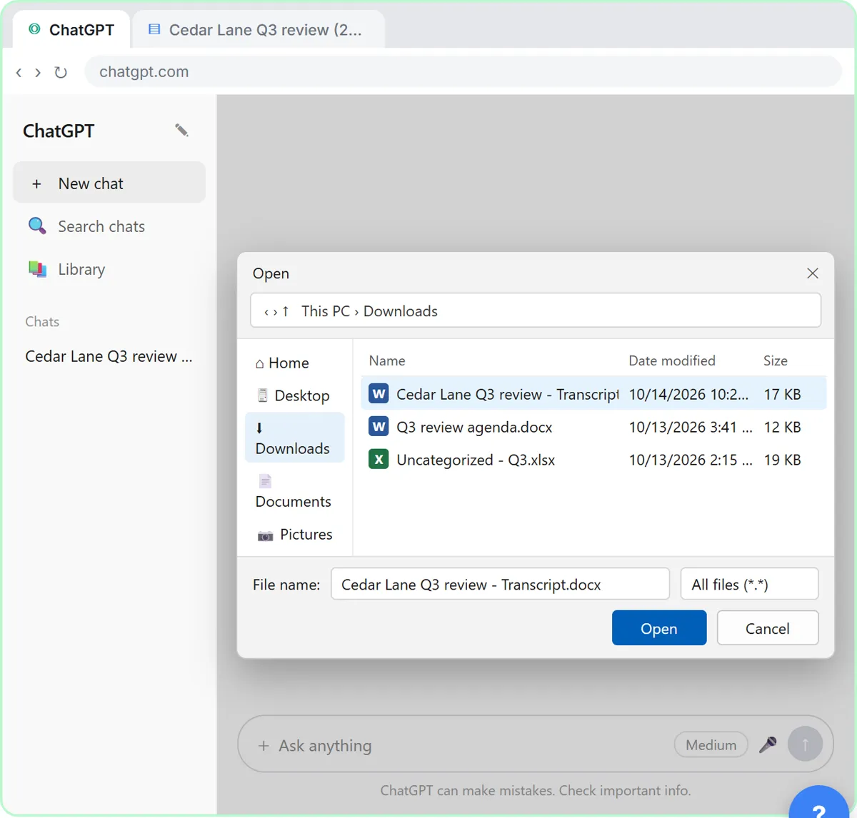 Windows Open dialog over ChatGPT with the Q3 review transcript Word file selected for upload