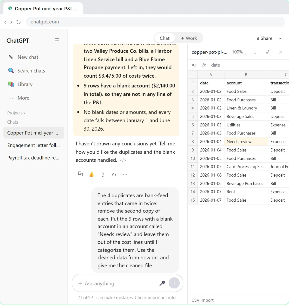 The cleaned CSV open in ChatGPT's side panel next to the chat, with an uncategorized card purchase now in the account called Needs review.